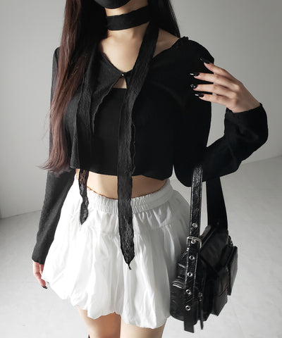 【 ２color ／ ２WAY 】チョーカーロングタイ付きショートシアーカーディガン ／ choker long tie set short sheer cardigan
