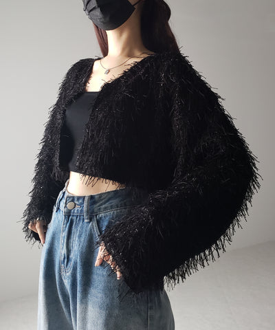 【 セットアップ可能 】シャギーフリンジショートカーディガン ／shaggy fringe short cardigan