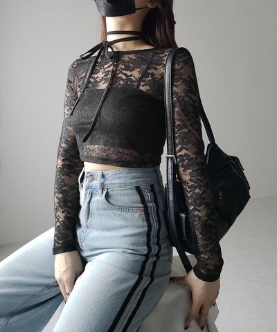【 ２color 】ストラップリボンショートレーストップス ／ strap ribbon short lace tops