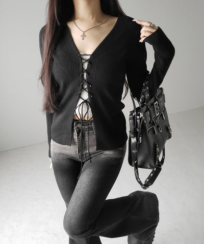 【 ３color 】レースアップリボンリブニットカーディガン ／ lace up ribbon rib knit cardigan