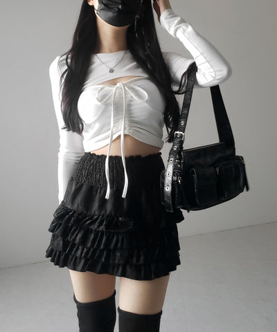 【 ３color ／インナーパンツ裏地付 】ハイウエストシャーリングフリルミニスカート ／ high waist shirring frill mini skirt