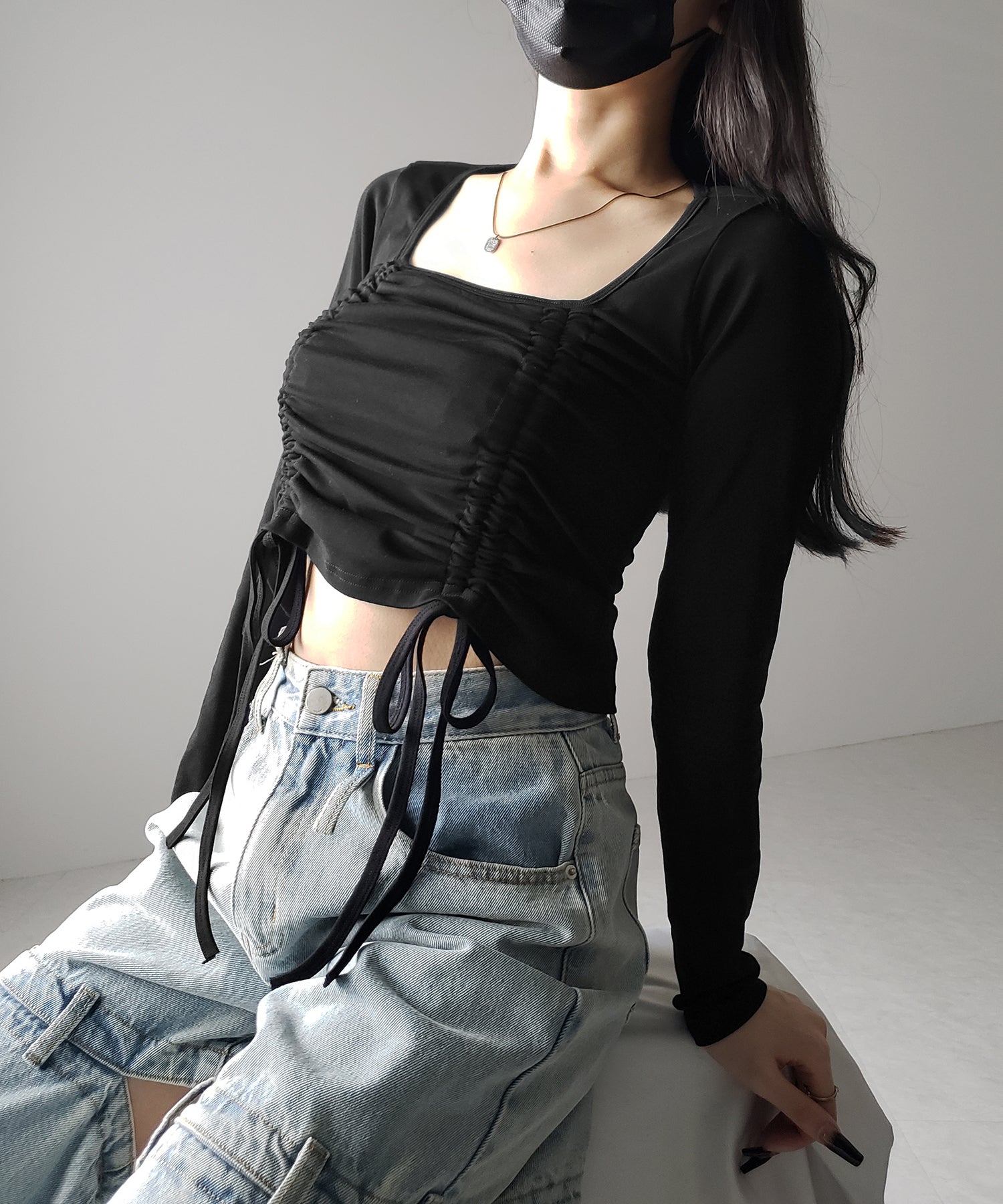 【 ３color 】 ダブルシャーリングリボンスクエアネックトップス ／ double shirring ribbon square neck tops