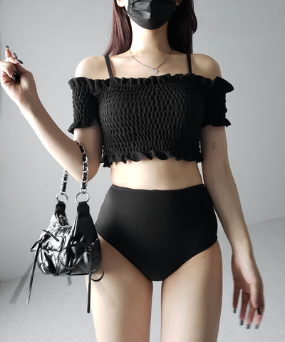 【 レディース水着／２点セット 】オフショルダーシャーリングギャザーハイウエストビキニ ／ off shoulder shirring gather highwaist bikini