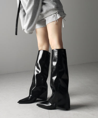 【 ２color 】ポインテッドトゥフェイクレザーカバーロングブーツ ／ pointed toe fake leather covered long boots