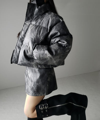 【 セットアップ着用可能 】ヴィンテージライクフェイクレザーショートダウンジャケット ／ vintage like fake leather short down jacket
