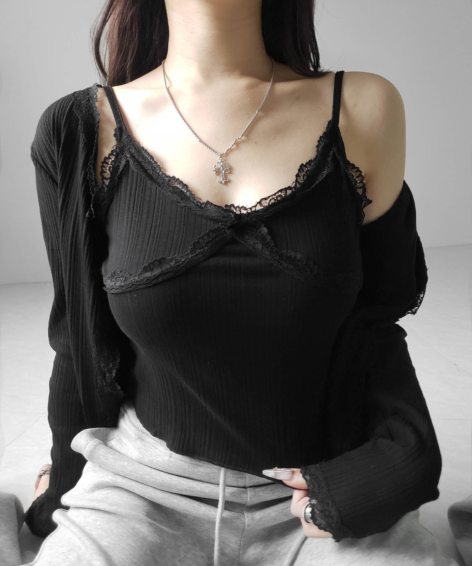 【 ２点セット 】レースドッキングリブキャミソール ＋ カーディガンセット ／ lace docking lib camisole + cardigan SET