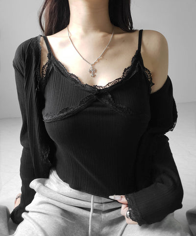 【 ２点セット 】レースドッキングリブキャミソール ＋ カーディガンセット ／ lace docking lib camisole + cardigan SET