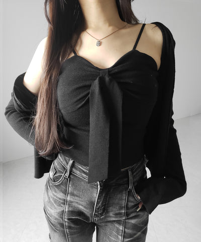 【 ２点セット 】リボンニットキャミソール ＋ カーディガンセット ／ribbon knit camisole + cardigan SET