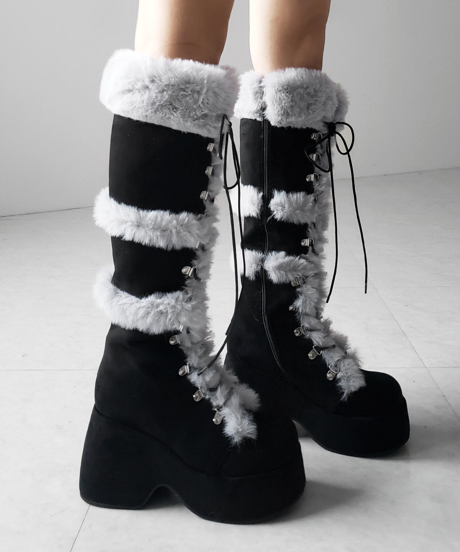 厚底レースアップムートンロングブーツ ／ platform laceup mouton long boots