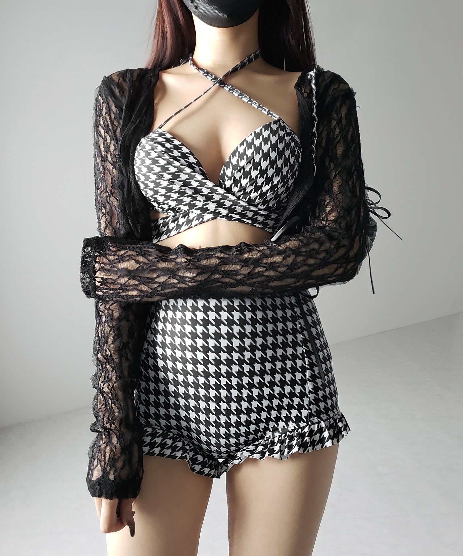 【 レディース水着／２点セット 】千鳥格子柄クロスウエストリボンハイウエストビキニ ／ houndstooth pattern cross waist ribbon high waist bikini