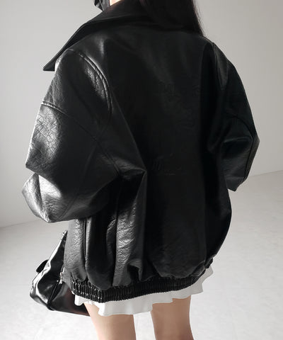 【 ２color 】バックリボン刺繍ヴィンテージライクフェイクレザーブルゾン ／ back ribbon vintage like fake leather blouson