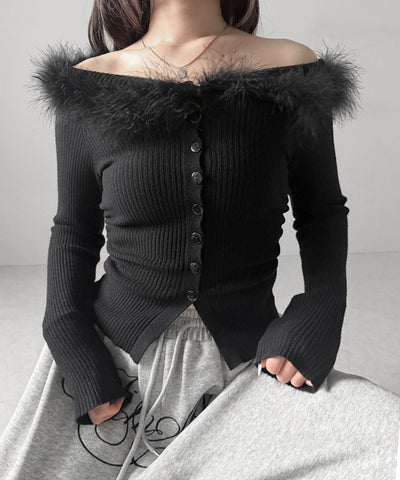 フェザーファー襟オフショルリブニットトップス ／feather fur collar off shoulder rib knit tops