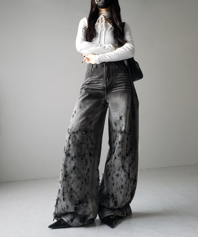 【 ２color ／ ４size 】グラデーションクラッシュダメージワイドデニムパンツ ／ gradation crash damage wide denim pants