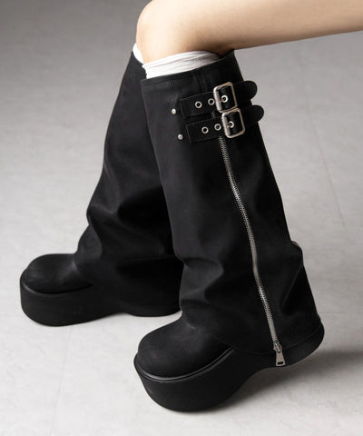 【 ２color 】ベルテッドヴィンテージ厚底カバーロングブーツ ／belted vintage platform cover long boots