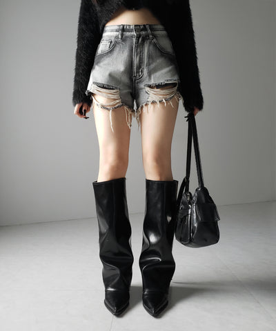 【 ２color 】クラッシュダメージブリーチデニムショートパンツ ／ crush damaged bleach denim short pants