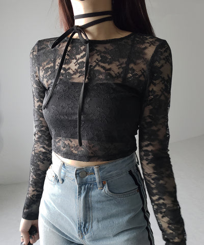 【 ２color 】ストラップリボンショートレーストップス ／ strap ribbon short lace tops