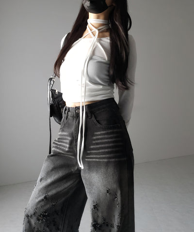 【 ２color ／ ４size 】グラデーションクラッシュダメージワイドデニムパンツ ／ gradation crash damage wide denim pants