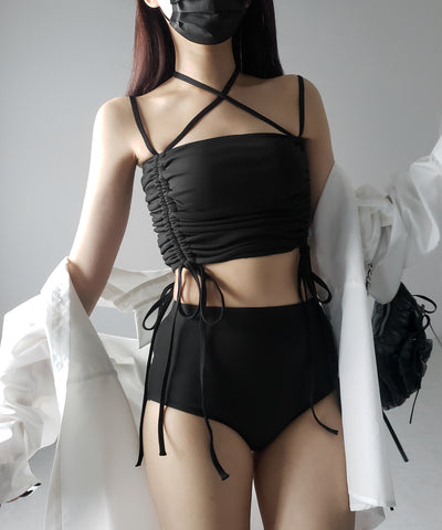 【 レディース水着／２点セット 】２WAY クロスストラップシャーリングリボンセパレートビキニ ／ cross strap shirring ribbon separate bikini