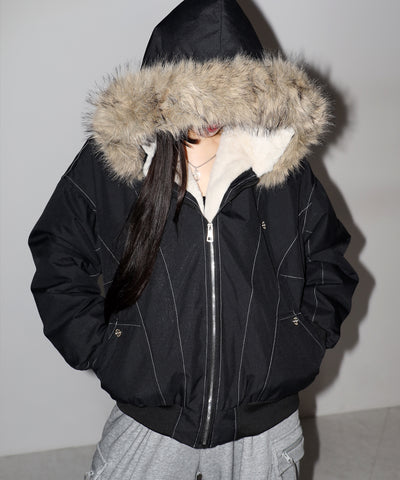 配色ステッチファーフード中綿オーバーブルゾン ／ stitch fur hood fake down over blouson