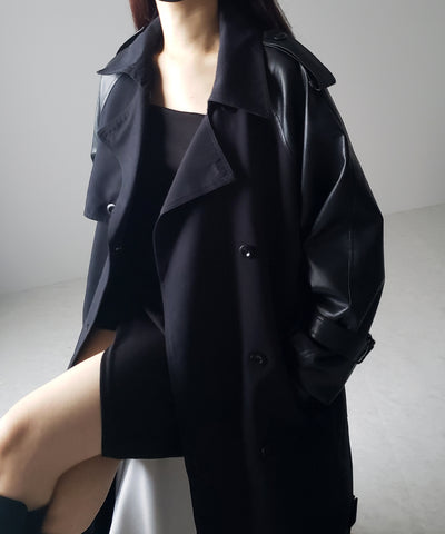【 ３COLOR 】フェイクレザードッキングロングトレンチコート
