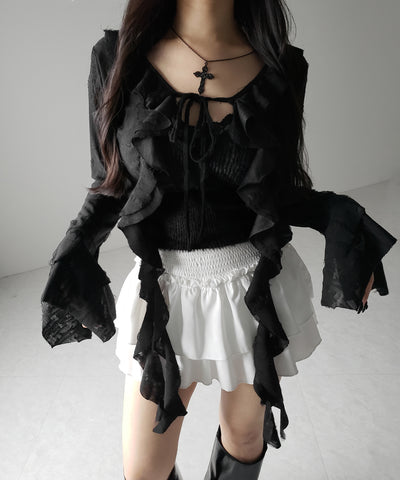 【 ２color 】ダメージフリルショートリボンカーディガン ／ damage frill short ribbon cardigan