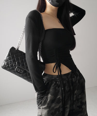 【 ２点セット 】シャーリングリボンベアトップス ＆ ショートカーディガン SET ／ shirring ribbon bare tops & short cardigan SET