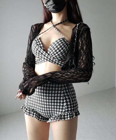 【 レディース水着／２点セット 】千鳥格子柄クロスウエストリボンハイウエストビキニ ／ houndstooth pattern cross waist ribbon high waist bikini
