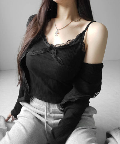 【 ２点セット 】レースドッキングリブキャミソール ＋ カーディガンセット ／ lace docking lib camisole + cardigan SET