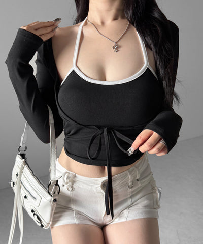 【２点セット 】２WAY クロスストラップショートカーディガン＋ ホルターリボンバイカラーキャミSET ／ 2WAY cross strap short cardigan + halter ribbon bicolor camisole SET