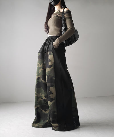 【 裾絞り可能２WAY 】カモフラドッキングミリタリーワイドスウェットパンツ ／ camouflage docking military wide sweat pants