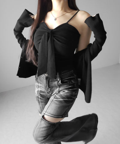 【 ２点セット 】リボンニットキャミソール ＋ カーディガンセット ／ribbon knit camisole + cardigan SET