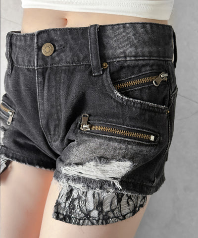 レースポケットダメージデニムマイクロショートパンツ／ lace pocket damage denim micro short pants