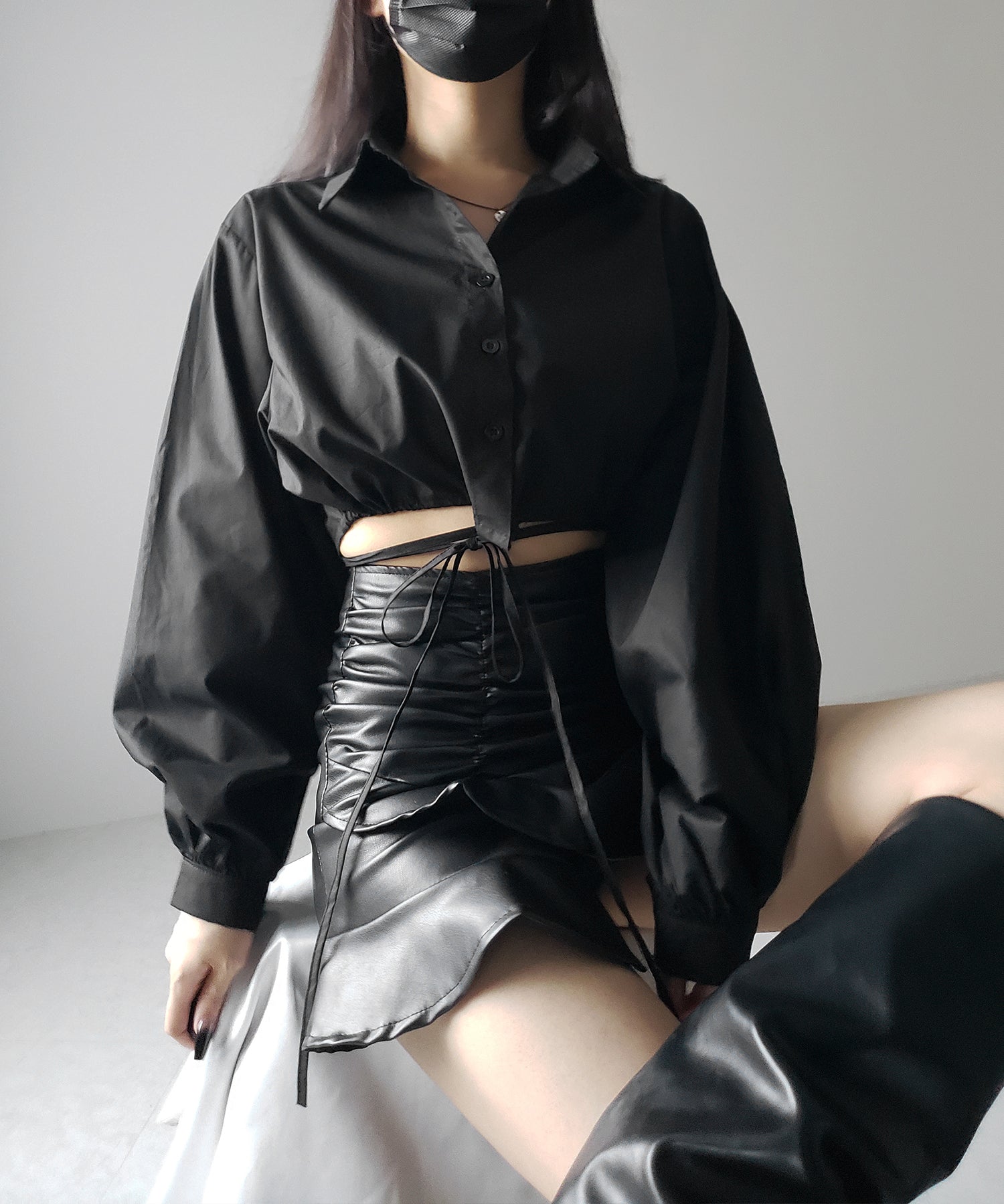 【 ２color 】クロスストラップリボンショートシャツ ／ cross strap ribbon short shirts