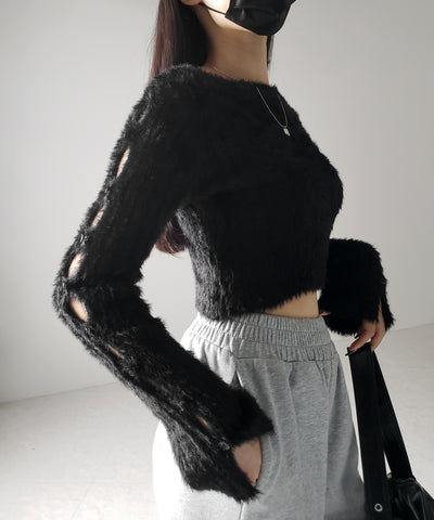 【 ３color 】カットアウトスリットスリーブショートシャギーニット ／ cutout slit sleeve short shaggy knit