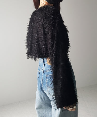 【 セットアップ可能 】シャギーフリンジショートカーディガン ／shaggy fringe short cardigan