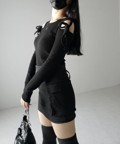 【 ３color 】カットアウトショルダーリボンリブトップス ／ Cut-out shoulder ribbon rib tops