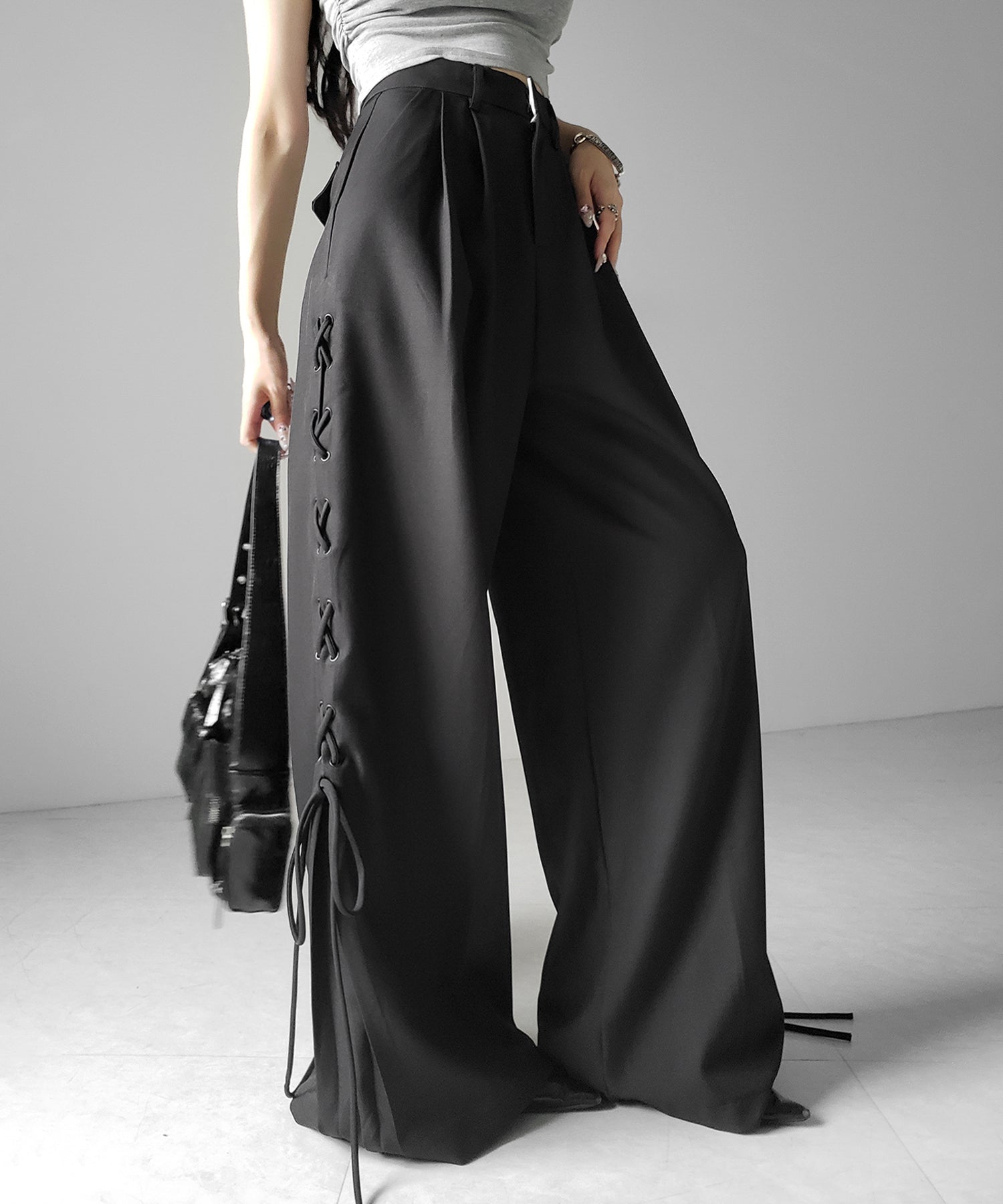 レースアップダブルタックワイドスラックス ／ laceup double tack wide slacks