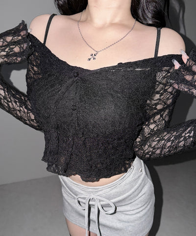 ストレッチレースメローキャミソール ＋ カーディガンセット ／stretch lace mellow camisole + cardigan set