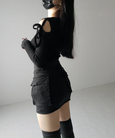 【 ３color 】カットアウトショルダーリボンリブトップス ／ Cut-out shoulder ribbon rib tops