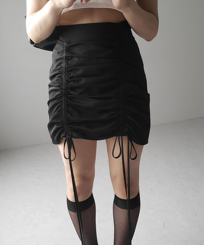 【 インパン裏地付 ／ セルフカット調節可能 】 ストラップダブルリボンシャーリングミニスカート ／ strap double ribbon shirring mini skirt