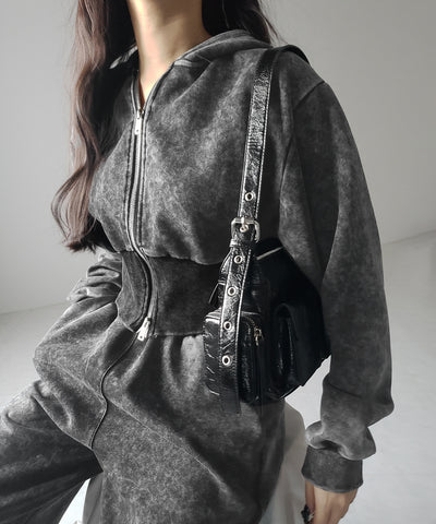 【 セットアップ 】ピグメントヴィンテージショートパーカー ＋ ワイドパンツ SET ／ pigment vintage short hoodie + wide pants SET