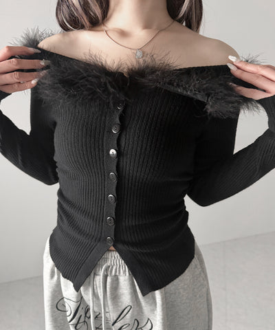 フェザーファー襟オフショルリブニットトップス ／feather fur collar off shoulder rib knit tops