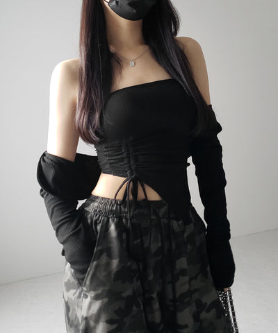【 ２点セット 】シャーリングリボンベアトップス ＆ ショートカーディガン SET ／ shirring ribbon bare tops & short cardigan SET