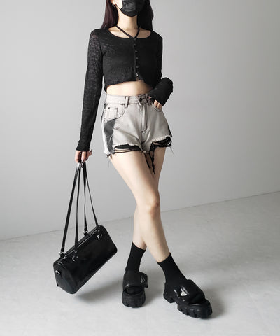 【 ２WAY 】クロスストラップリボンショートレースカーディガン ／ cross strap ribbon short lace cardigan
