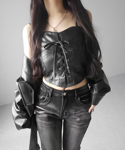レースアップフロントリボンフェイクレザービスチェ ／ lace up front ribbon fake leather bustier