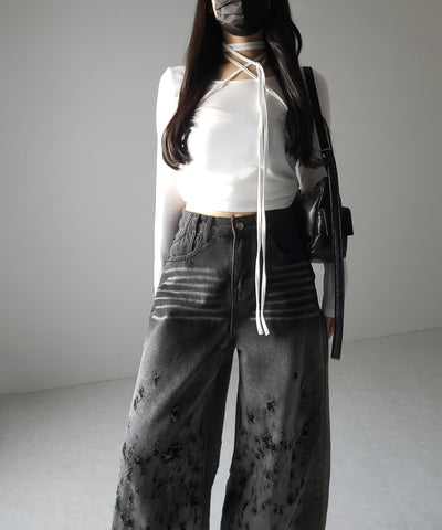【 ２color ／ ４size 】グラデーションクラッシュダメージワイドデニムパンツ ／ gradation crash damage wide denim pants