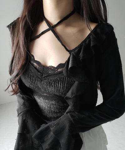 【 ２color 】ダメージフリルショートリボンカーディガン ／ damage frill short ribbon cardigan