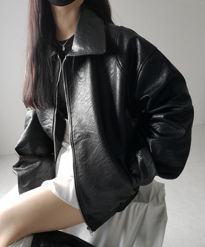 【 ２color 】バックリボン刺繍ヴィンテージライクフェイクレザーブルゾン ／ back ribbon vintage like fake leather blouson