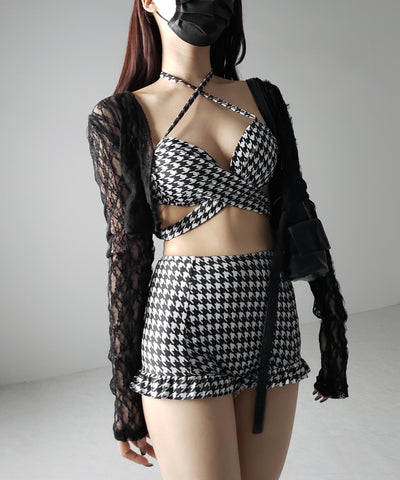 【 レディース水着／２点セット 】千鳥格子柄クロスウエストリボンハイウエストビキニ ／ houndstooth pattern cross waist ribbon high waist bikini