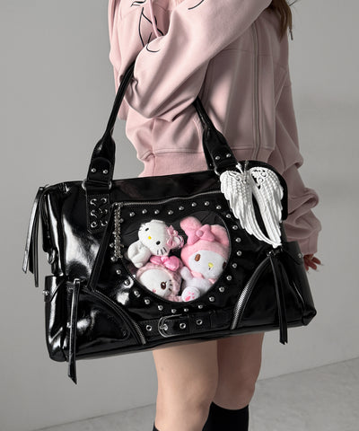 【 限定先行販売 】ハートクリアポケットスタッズフェイクレザートートバッグ ／ heart clear pocket studs fake leather tote bag